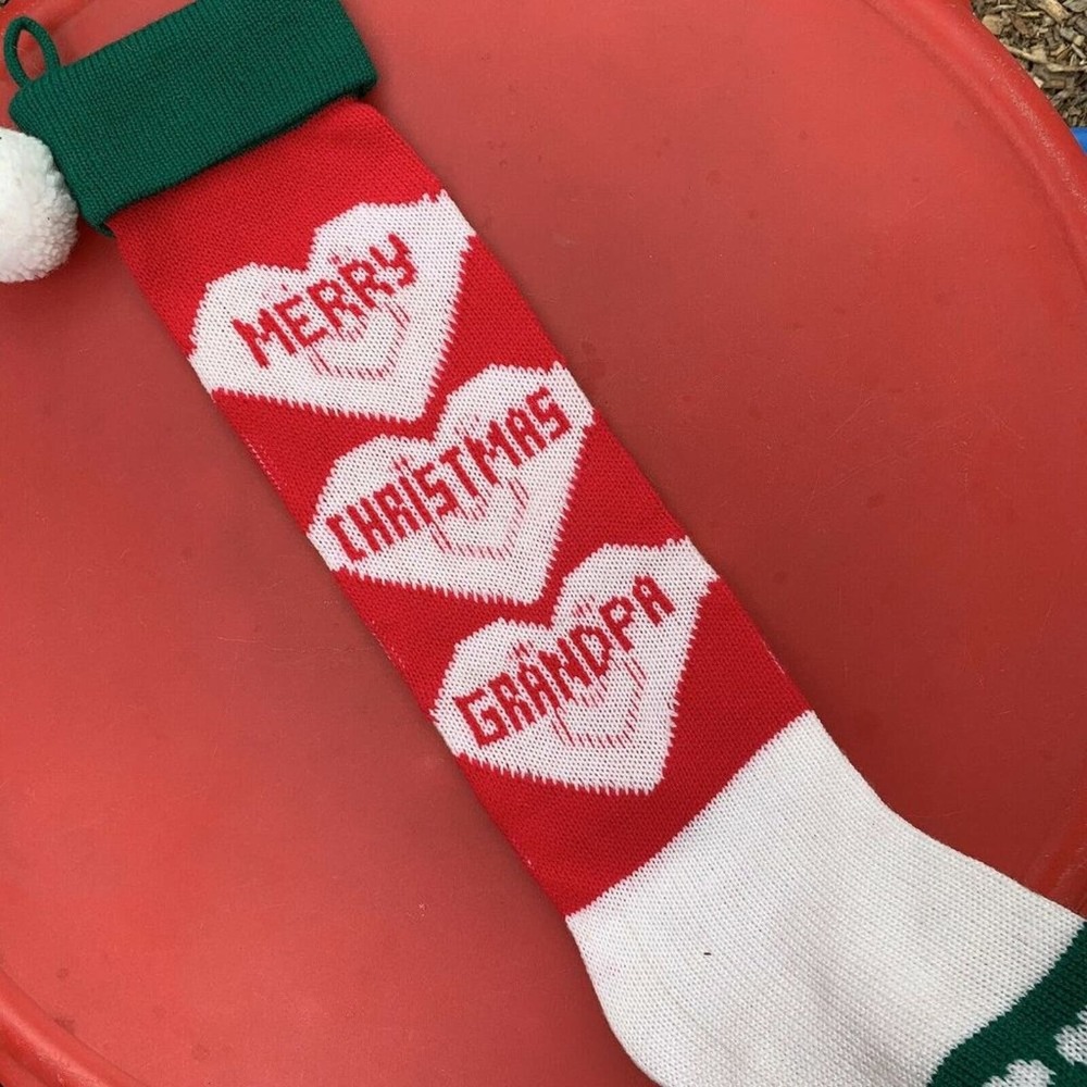 Vintage Holiday Stocking Merry Christmas Grandpa 23 in Knit Red Hearts
